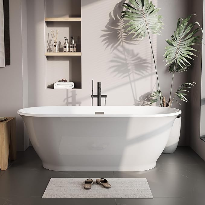 59" Acrylic Freestanding Bathtub, Contemporary Soaking Tub, CUPC Certified Stand Alone Slipper Soaking Tub, Integrated Overflow and Drain, cUPC Certified, Gray exterior, white interior