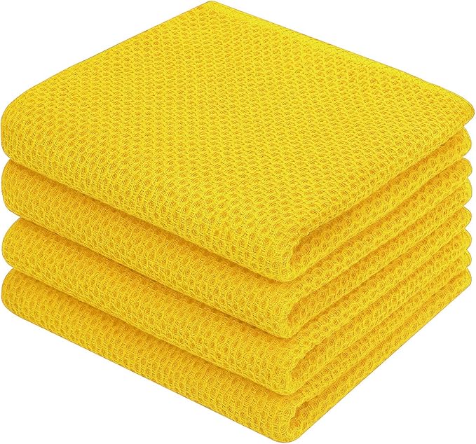 Homaxy 100% Cotton Waffle Weave Kitchen Dish Towels, Ultra Soft Absorbent Quick Drying Cleaning Towel, 13 x 28 Inches, 4-Pack, Yellow