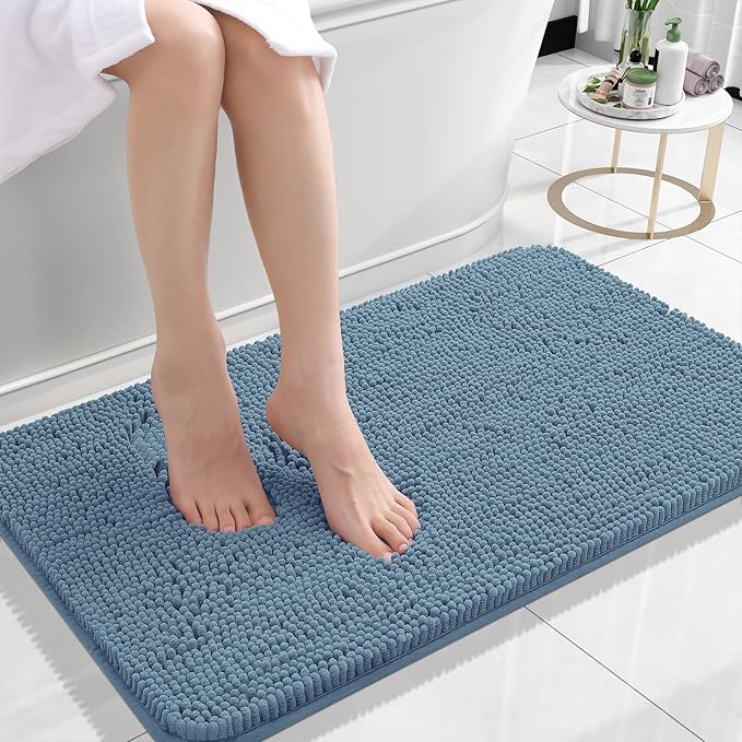 OLANLY Bathroom Rugs 24x16, Extra Soft Absorbent Chenille Bath Rugs, Rubber Backing Quick Dry, Machine Washable Bath Mats for Bathroom Floor, Tub and Shower, Home Decor Accessories, Airy Blue