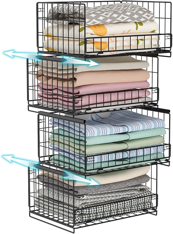 4-Tier Sliding Closet Organizers and Storage Shelves, Stackable Closet Shelf Organizer Basket Bins, Drawer Shelf Storage Container for Wardrobe Cupboard Kitchen Bathroom Office, Black