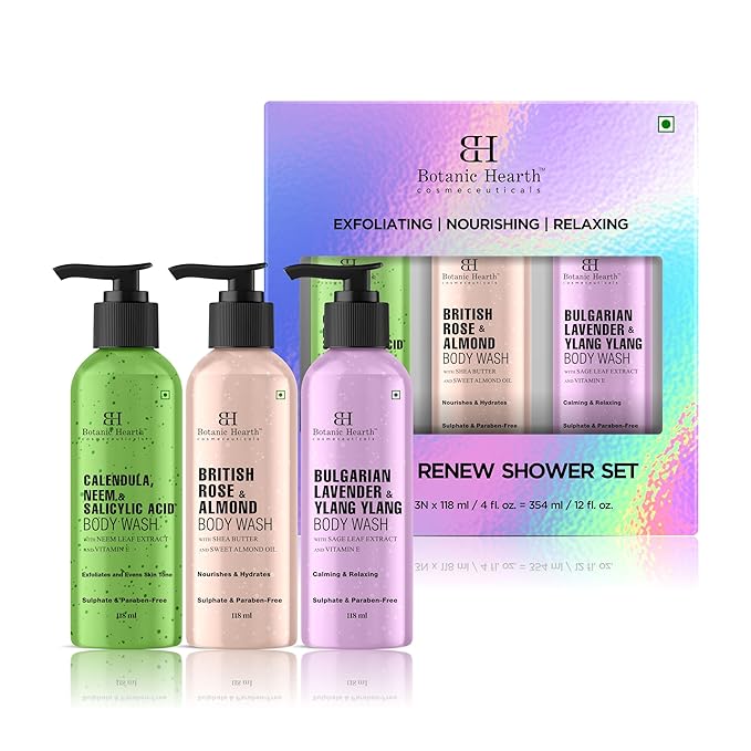 Botanic Hearth Relax & Renew Body Wash Set – British Rose, Lavender & Calendula Neem, Travel-Size 3-Pack, Gentle Cleansing Shower Gel – 4 fl oz Each