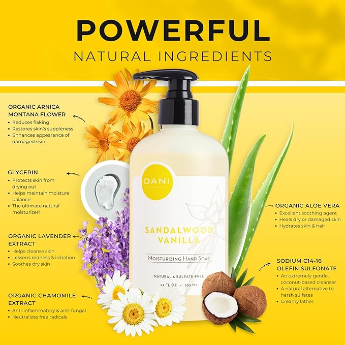 DANI Naturals Moisturizing Hand Soap – Sandalwood Vanilla Scent, Hydrating, Sulfate-Free & Paraben-Free, 12 Oz Bottle with Pump, Gentle Cleansing for Dry Skin