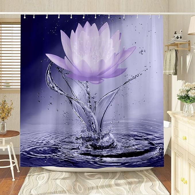 Lotus Shower Curtain Black White Violet Flower Elegant Blooming Floral with Dew Spring Flower Reflection on Water Modern Romantic Polyester Fabric Bathroom Decor 108×70 Inch with Hook