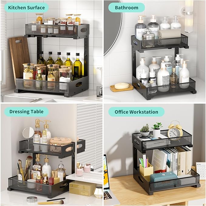 Under Sink Organizer, Extra-Wide Upgrade, 2-Pack of 2-Tier Metal Slide Out Cabinet Organizer, Height Adjustable Organization and Storage Series, Bathroom/Cabinet/Kitchen organization, Black