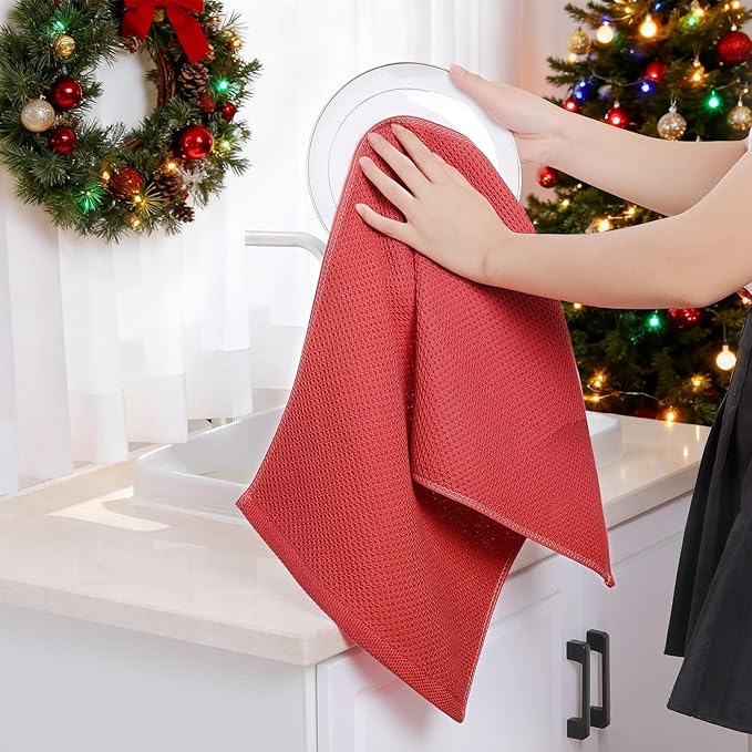 Homaxy 100% Cotton Waffle Weave Kitchen Dish Towels, Ultra Soft Absorbent Quick Drying Cleaning Towel, 13 x 28 Inches, 6-Pack, Brick Red
