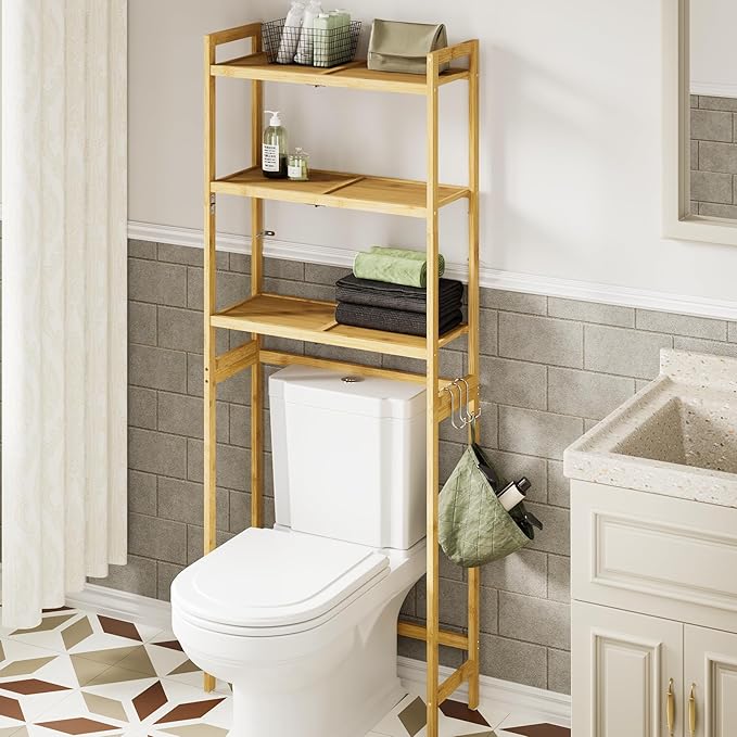 AMBIRD Over The Toilet Storage, 3-Tier Bathroom Organizer Over Toilet with Sturdy Bamboo Solid Shelves, Non-Slip Pads and 3 Hooks, Multifunctional Behind Toilet Shelf Rack, Space Saver (Original)