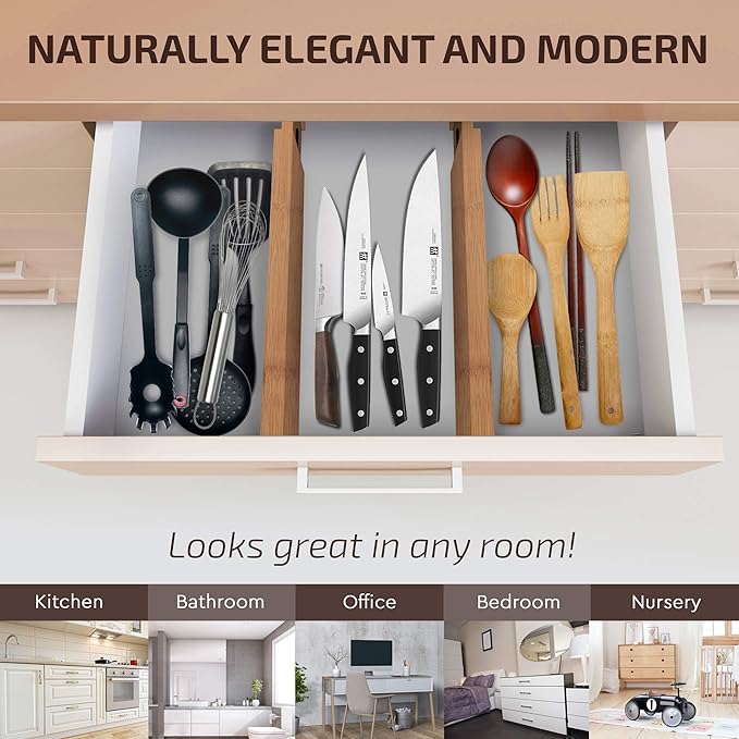 4 Pack Drawer Divider - 2.6" High, 16" to 22" Adjustable Bamboo Drawer Organizers for Clothes, Expandable Dresser Separators in Bedroom/Bathroom/Kitchen/Office Organization and Storage (Natural)