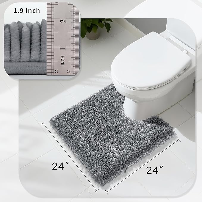 Yimobra Toilet Rugs U Shaped Washable, Extra Thick Soft Absorbent Chenille Contour Bathroom Rugs for Toilet 24x24 Inch, Quick Dry Non Slip Toilet Mat for Bath Floor, Silver