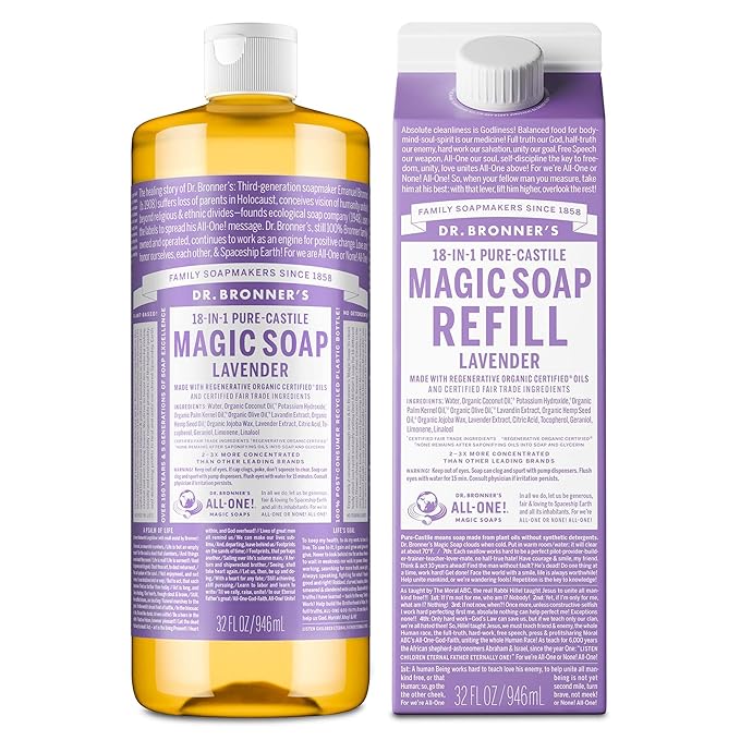 Dr. Bronner's Pure-Castile Liquid Magic Soap Bottle & Refill Carton - Made with Regenerative Organic Certified Oils, 86% Less Plastic per Quart - For Face, Body Wash, Hand Soap Refill- Lavender, 32oz