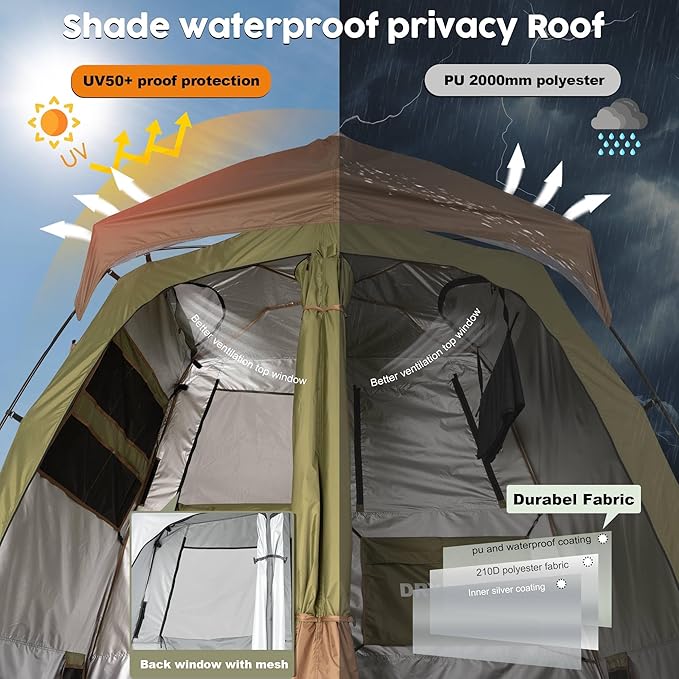 Camping Shower Tent Deluxe Changing Room Easy Set Up Privacy Shelter,Large Toilet Tent with Floor Drain Design for Beach, Camping,Hiking with Stakes and Ropes for Stability