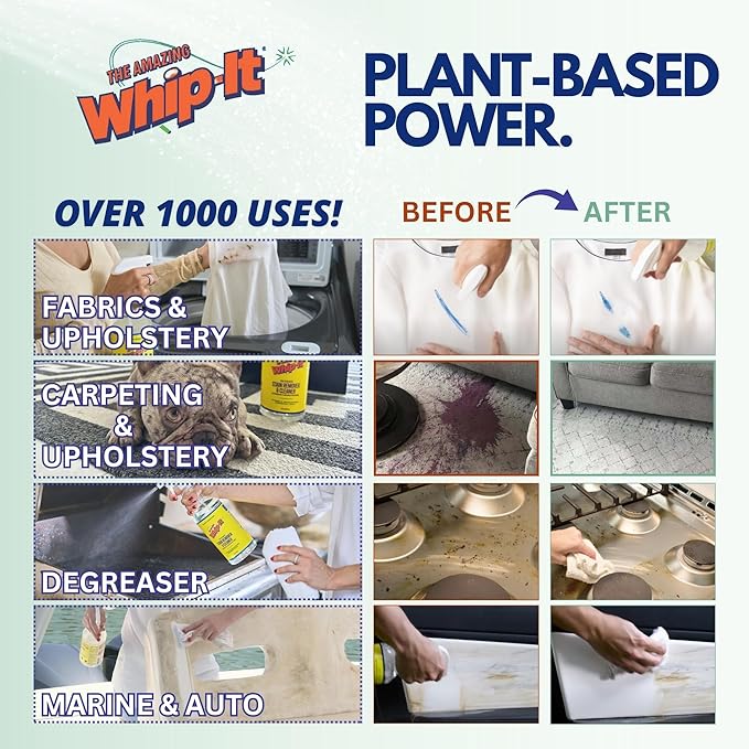 Whip-It Stain Remover and Concentrate Kit, 2-32oz Concentrates & 1-32 OZ Pro Spray Stain Remover, Makes 64 Bottles, Removes Coffee, Wine, Baby Stains, Pet Stains, Plant Based, Enzyme Cleaner, 500 Uses