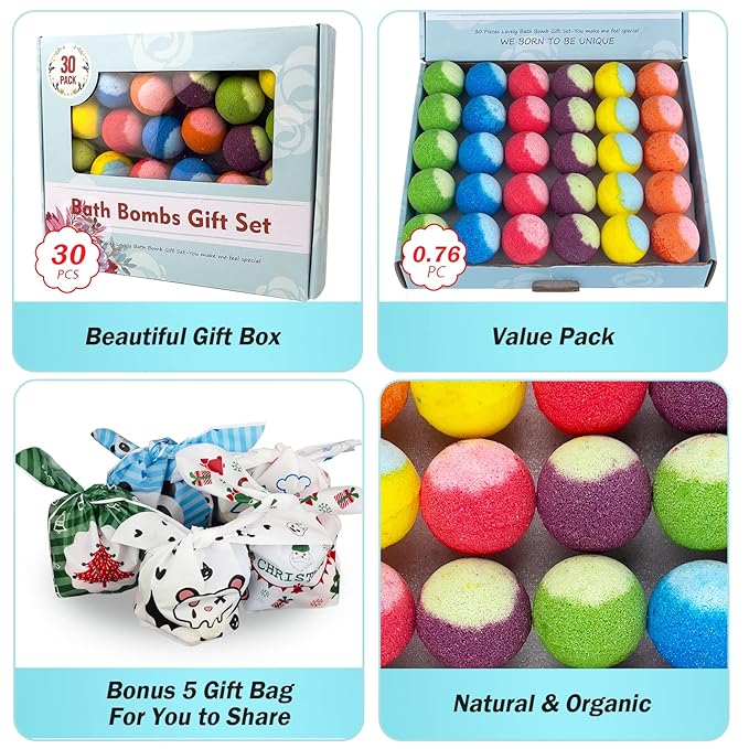 30 Pcs Bath Bomb Gift Set, Natural Organic Mini Bath Bombs, Handmade with Rich Fizz - Birthday Gift for Kids/Women/Men, Mother's Day, Ideal Gift for Valentine's Day