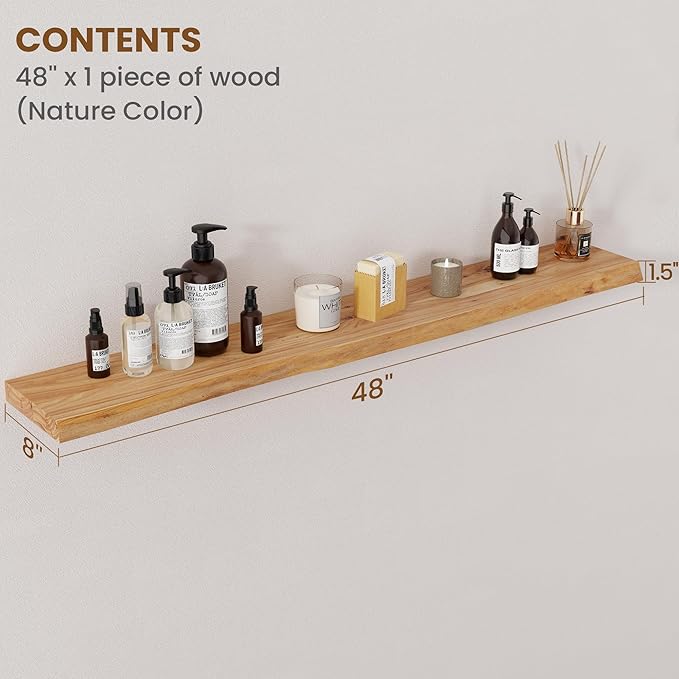 Floating Shelves for Wall Decor, Rustic Solid Elm Wood Live Edge Floating Shelves Wall Mounted, Wall Shelves with Invisible Bracket for Living Room Bathroom Bedroom Kitchen, 48 Inch, Natural