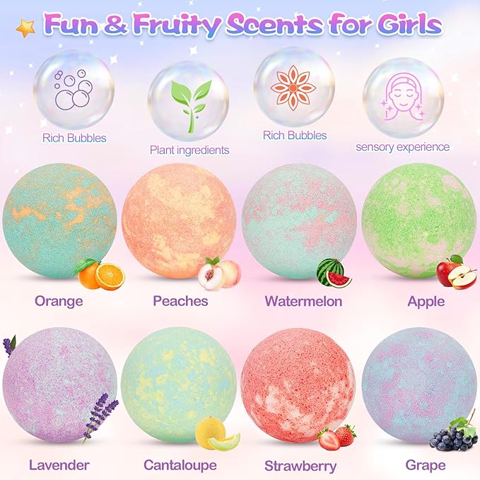 Unicorn Bath Bombs for Kids Girls with Surprise Inside, 8 Pcs Natural Fizzy Princess Bubble Bath Bomb Kit with Toys, Birthday Gift for 3 4 5 6 Year Old Girl