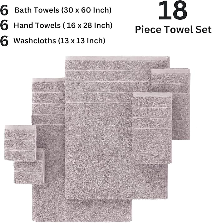 Casa Platino 100% Cotton Luxury Bathroom Towel Set - 18 Pc - Ring Spun, Quick Dry, Soft & Highly Absorbent - 6 Bath, 6 Washcloths, 6 Hand Towels - Remains Plush After Multiple Washes - Platinum