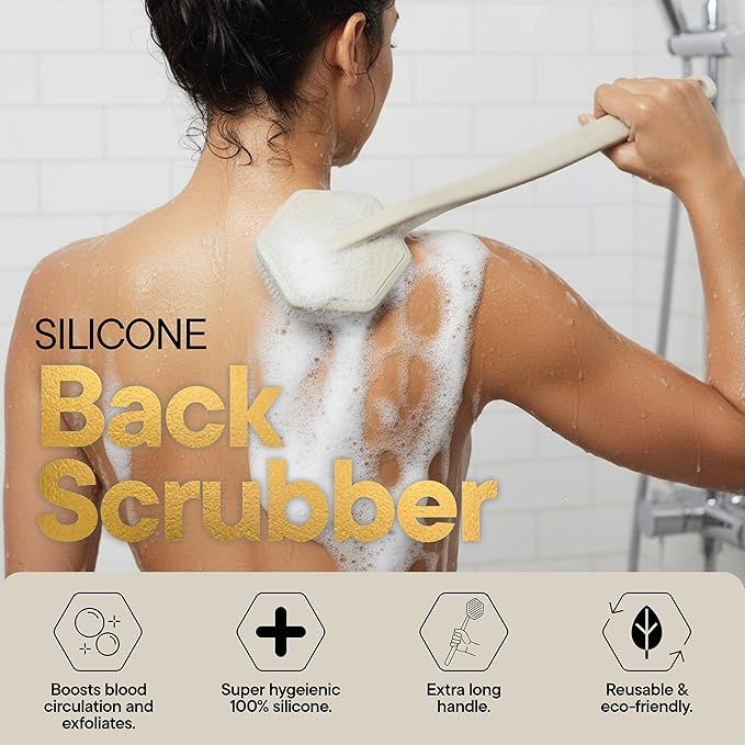 TOOLETRIES Silicone Back Scrubber with Hook - Exfoliating Shower Brush, Back Washer for Men, Durable Back Brush with Long Handle - Long Lasting Bath & Shower Accessories - Sand