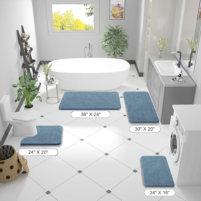 OLANLY Bathroom Rugs 47x17, Extra Soft Absorbent Chenille Bath Rugs, Rubber Backing Quick Dry, Machine Washable Bath Mats for Bathroom Floor, Tub and Shower, Home Decor Accessories, Airy Blue
