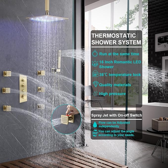 Enga Brushed Gold Shower Jets System, 16 Inch LED Rainfall Shower Faucet Set Body Spray with On-off Switch, Thermostatic Shower System Work At the Same Time