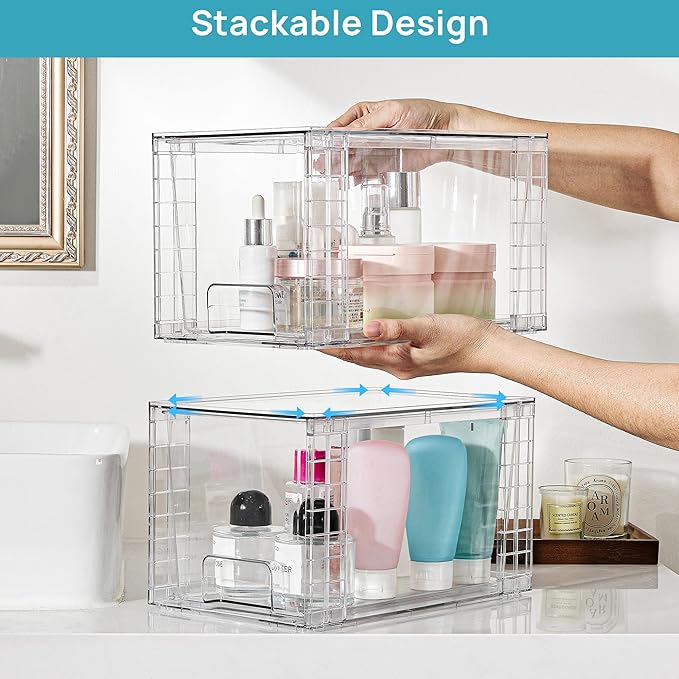 Vtopmart 6 Pack Large Stackable Storage Drawers,Easily Assemble Acrylic Bathroom Closet Undersink Organizers and Storage,Plastic Bins for Kitchen Cabinets,Pantry,Makeup,Medicine Organization