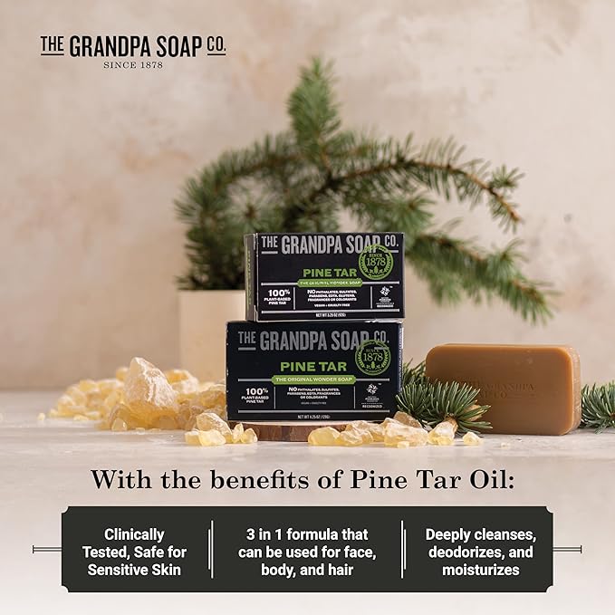 The Grandpa Soap Company Pine Tar Bar Soap for Men- Made With Pine Tar Oil, 3 in 1 Cleanser Deodorizer and Moisturizer, Dermatologist Tested, Safe for Sensitive Skin, 4.25 Oz, 8 Pack