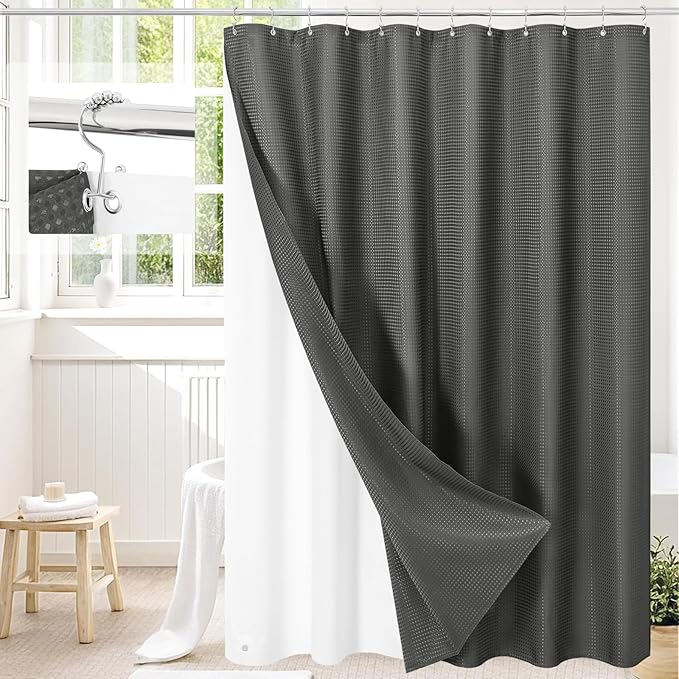 3 in 1 Long Charcoal Grey Shower Curtain Set-72 W x 78 H, Modern Waffle and PEVA Liner Set with 12 Stainless Steel Hooks, Waterproof Fabric for Bathroom