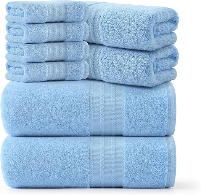 REDKISS Blue Towel Set of 8-100% Cotton Luxury Bath Towels Set for Bathroom, 600 GSM Highly Absorbent Bathroom Towel with 2 Large Bath Sheet, 2 Hand, 4 Washcloths, Blue Shower Towels for Dorm