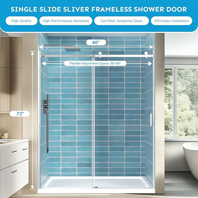 56-60"Wx72"H Frameless Reversible Single Sliding Shower Door, 1/4" Clear SGCC Tempered Glass& Shatter Proof Film , 304 Stainless Steel Hardware, Water Protection Seal Plus Glass-fixing Aluminum Stripe
