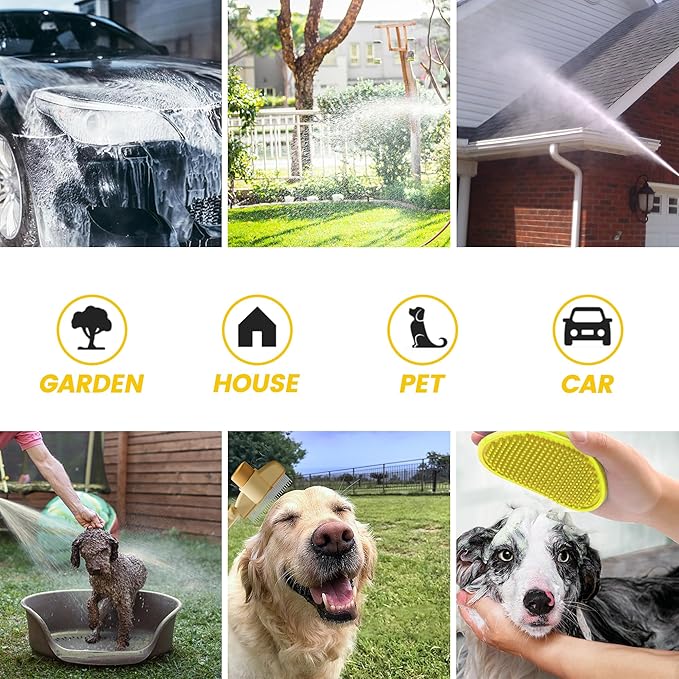 Dog Wash Hose Attachment, 10-in-1 Spray Mode Pet Shower Soap Sprayer with Grooming Comb Rubber Brush, Hose Nozzle with 100cc Soap Dispenser, for Watering, Car Wash, Dog and Horse Showering (Yellow)