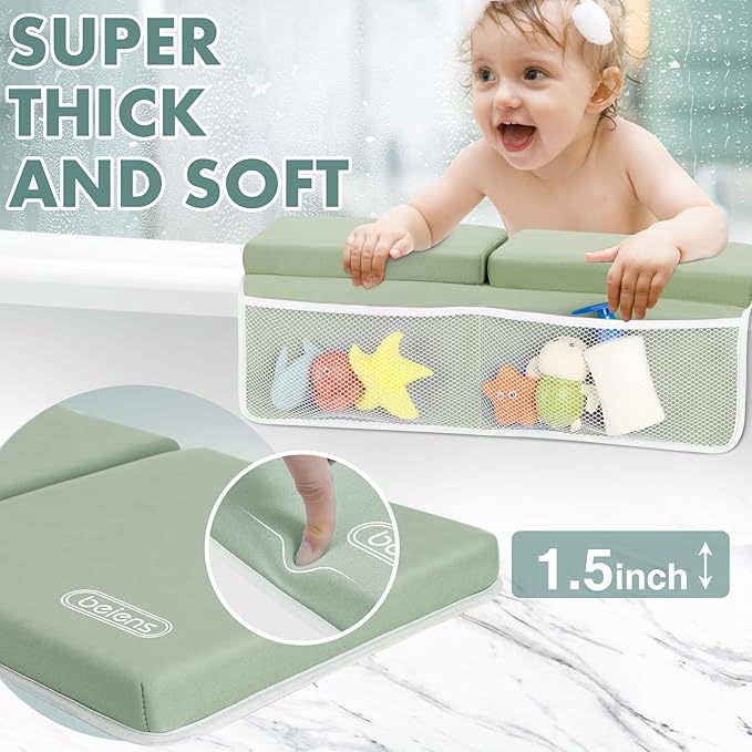 beiens Bath Kneeler and Elbow Rest Pad Set - 1.5'' Comfortable Thick Baby Bath Kneeler Pads, Quick Dry Soft Kneeling Pad for Baby Bath Time, Non-Slip Knee& Arm Support Bathtub Mat with Toys Organizer