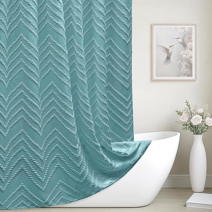 78inches Long Teal Shower Curtain Boho Farmhouse Shower Curtain 72 x 78 Tufted Chevron Textured Minimalist Shower Curtains for Bathroom