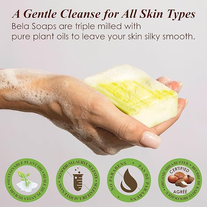 BELA Soap Variety Pack 3.3 OZ, Pack of 6, Long Lasting, French Triple Milled Bar Soap with Organic Shea Butter, Hand, Face and Body Wash Bar Made in Australia