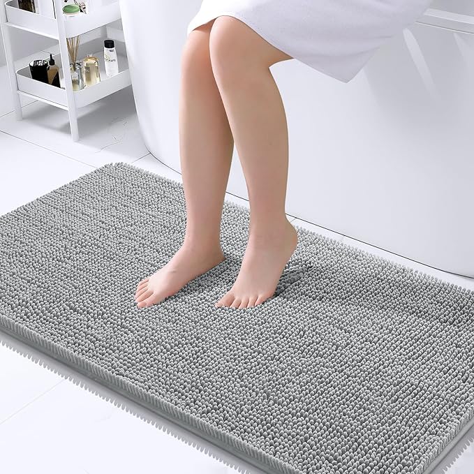 OLANLY Bathroom Rugs 40x24, Extra Soft Absorbent Chenille Bath Rugs, Rubber Backing Quick Dry, Machine Washable Bath Mats for Bathroom Floor, Tub and Shower, Home Decor Accessories, Light Grey