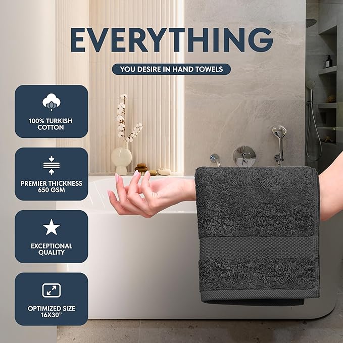 White Classic Luxury Dark Gray Hand Towels - Soft 100% Turkish Cotton | Highly Absorbent Hotel spa Bathroom Towel Collection | 16x30 Inch | Set of 6