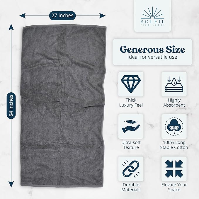 Soleil Fine Goods Luxurious 800 GSM 100% Cotton Bath Towel Set (4-Pack, 27x54) - Heavyweight & Ultra Absorbent, Plush Softness for Bathroom | Hotel & Spa Quality Luxury Towels- Steel