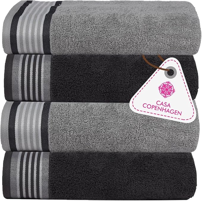 CASA COPENHAGEN He & She 4 Pieces Large Bath Towel Set- Pine Grey + Grey Violet, 550 GSM, Designed in Denmark Made of Soft Egyptian Cotton for Bathroom, Kitchen & Shower