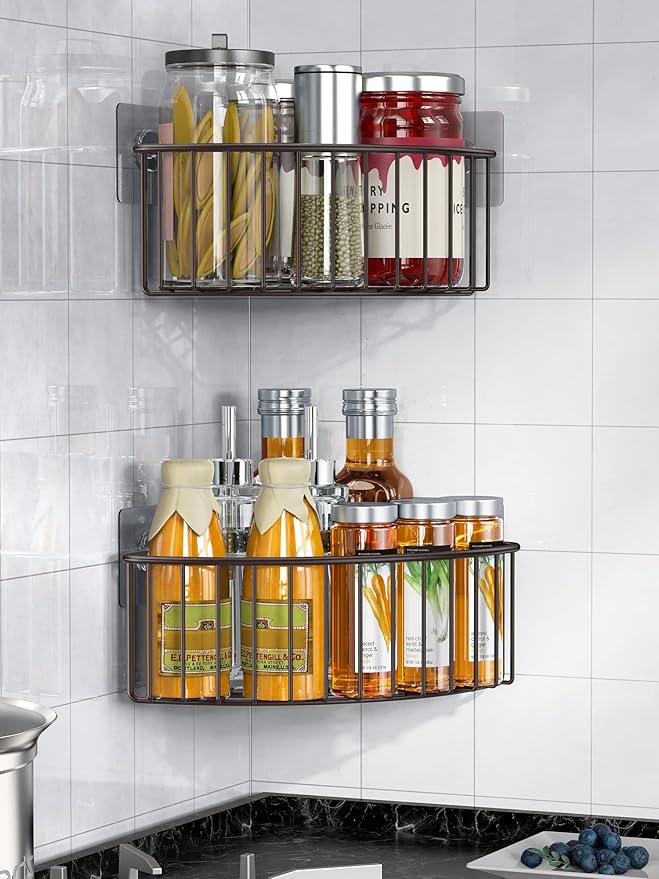 SMARTAKE 2-Pack Corner Shower Caddy Deep Basket Design, SUS304 Stainless Steel, Wall Mounted Bathroom Shelf with Adhesive, Storage Organizer for Toilet, Dorm and Kitchen (Bronze)