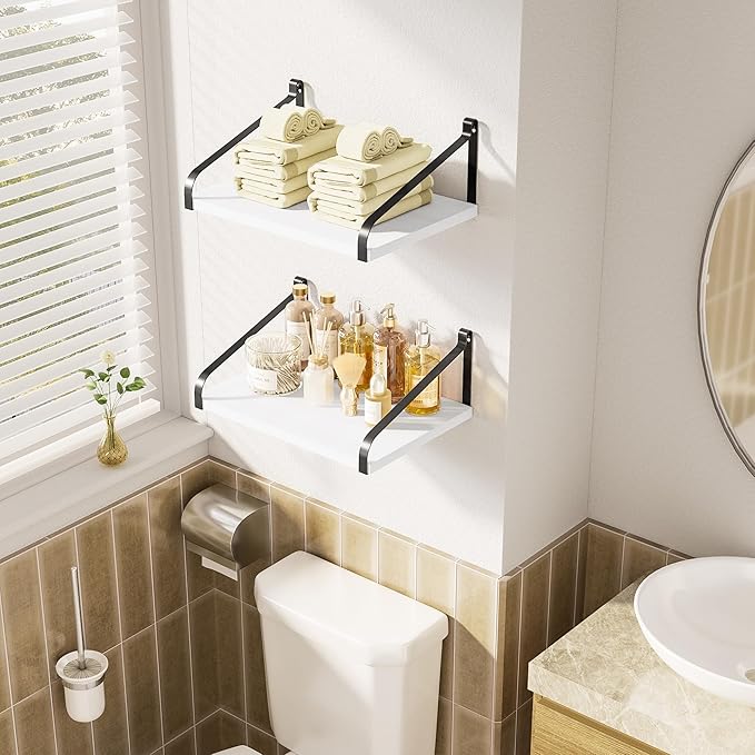 Love-KANKEI Floating Shelves Wall Mount Rustic Wood Wall Shelves with Large Storage L16.5 x W12 inch for Kitchen Living Room Bathroom Bedroom Set of 2 White
