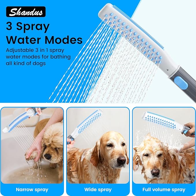 Dog Shower Attachment, Dog Washing Hose Attachment with Metal T-Diverter, Dog Bathing Supplies with 3 Spray Modes & One-Button ON/OFF Indoor and Outdoor Sprayer 8-Foot Hose