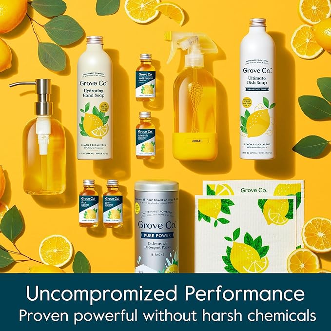 Grove Co. Multi Purpose Cleaner, Refill Concentrate (2 x 1 Oz) + Glass Spray Bottle (16 Oz), Plant-based Household Cleaning Supplies Bundle, No Plastic Waste, 100% Natural Lemon & Eucalyptus Scent