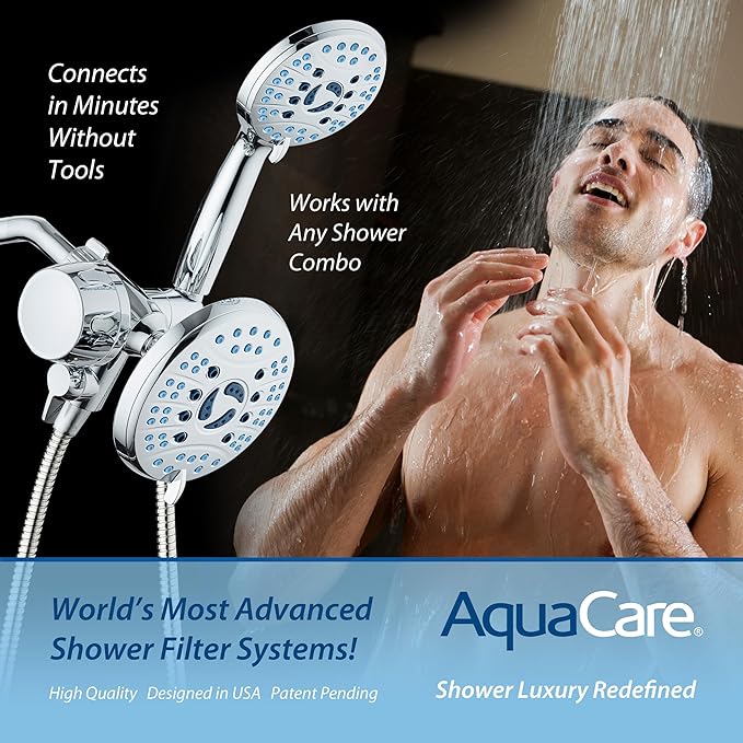 AquaCare Skin & Hair - World's Only Shower Head Combo Filter with Built-in 3-way Water Diverter, ON/OFF Filtration Modes, Instant Cartridge Reload & Stay-Clean American KDF Cartridge, Chrome Finish