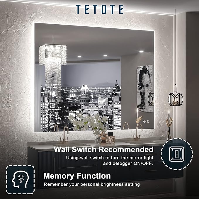 TETOTE 40 x 32 LED Backlit Bathroom Mirror with Light,3Color White/Warm/Natural,Anti-Fog Lighted Mirror,Dimmable,Vanity Mirror,Wall Mounted