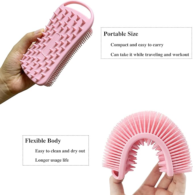 2 PC Silicone Exfoliating Body Scrubber, 2 in 1 Silicone Body Shampoo Brush, Soft Silicone Loofah for Sensitive Skin, Shower Silicone Hair Scalp Massager, Easy to Clean, Lather Well (Pink&Blue)