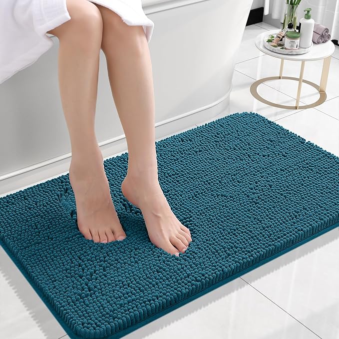 OLANLY Bathroom Rugs 24x16, Extra Soft Absorbent Chenille Bath Rugs, Rubber Backing Quick Dry, Machine Washable Bath Mats for Bathroom Floor, Tub and Shower, Home Decor Accessories, Peacock Blue