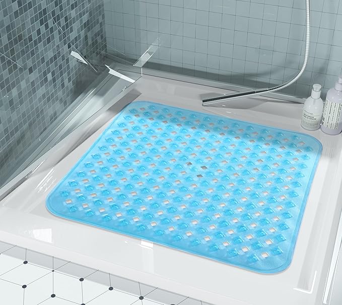 Yimobra Square Shower Mat Non Slip, Super Strong Suction Cups, 21"x21" Bath Tub Mat with Drain Holes, Machine Washable Fast Draining Bath Mats, Bathroom Essentials,Clear Blue