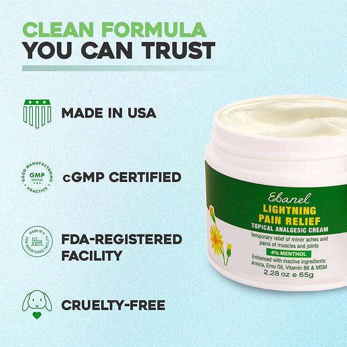 Ebanel Pain Relief Cream for Arthritis, Back, Joint, Foot, Neck, Strains & Sprains with Menthol, Camphor, Arnica, Emu Oil, MSM, Boswellia, Soothing Muscle Pain Relief Cream