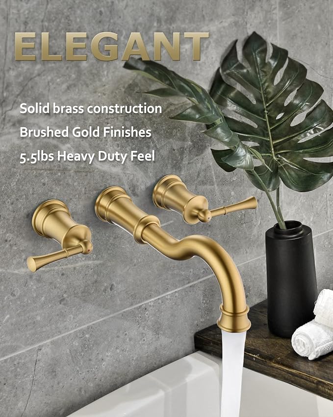 Roman Bathtub Faucet Wall Mount Widespread Tub Filler with Rough-in Valve 3 Holes 2 Lever Handle Elegant Classic Spout for Bathroom, Brushed Gold
