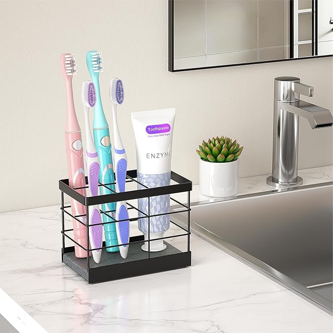 MOJOHAND Toothbrush Holders with Instant Drying Stone for Bathrooms, Stainless Steel Bathroom Electric Toothbrush Toothpaste Holder, Multi-Slots Openwork Design, Bathroom Accessories Organizer