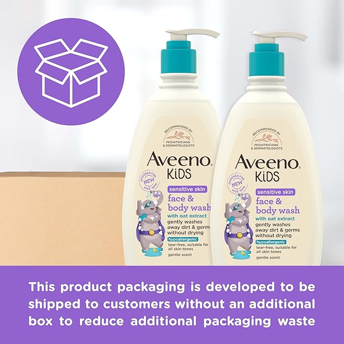 Aveeno Kids Sensitive Skin Face and Body Wash with Oat Extract, Gently Washes Away Dirt and Germs Without Drying, Tear-Free, Hypoallergenic Kids Body Wash, 18 fl. oz, 2 Pack