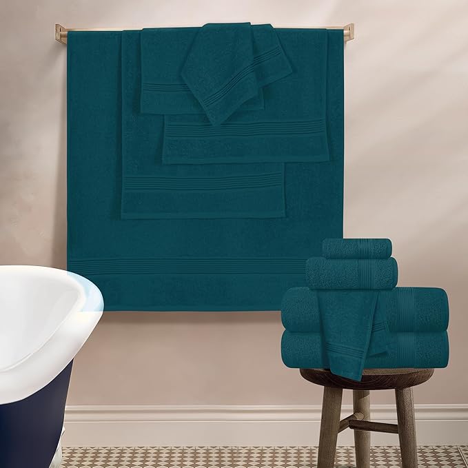 Belizzi Home 100% Cotton Towel Set, Contains 6 Soft Bath Towel, 6 Hand Towels, 12 Wash Cloths - Compact Absorbent Lightweight & Quickdry Towels for Bathroom - 24 Piece Bathroom Towel Set - Teal