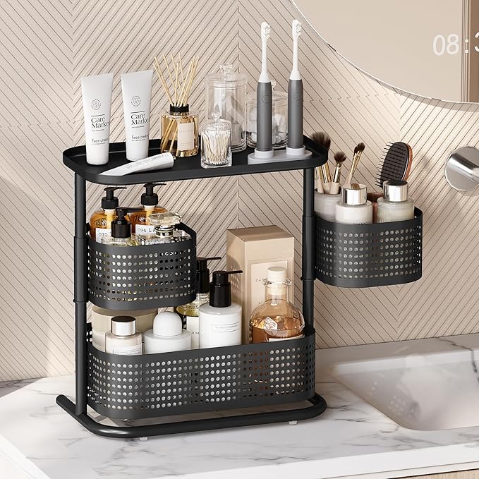KINGRACK Bathroom Counter Organizer, 3 Tier Rotating Vanity Bedroom Storage cabinet, Cosmetic Holder Standing Shelf, Bathroom Tray for Countertop Storage, Kitchen Spice Rack, Black